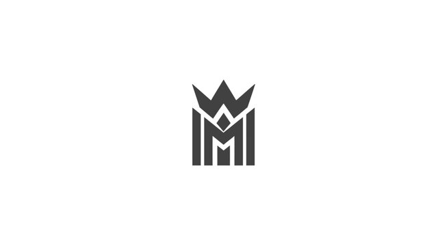 A dark gray stylized design featuring a crown above letters W and M and vertical bars