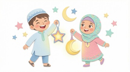 Cute Muslim children celebrating Ramadan, holding star and moon decorations, with colorful stars in the background, illustration