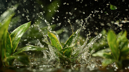 Close-up of Lush Green Leaves with Dramatic Water Splash and Droplets