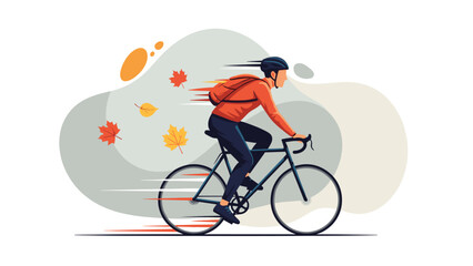 Fototapeta premium Male cyclist rides his road bike at high speed during the autumn season with falling maple leaves and motion blur.