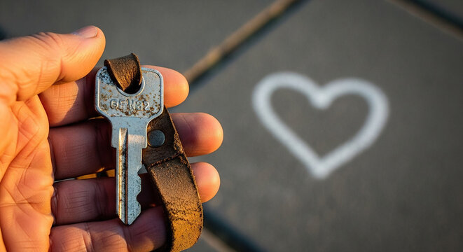 Hand holding vintage rusted key with heart symbol