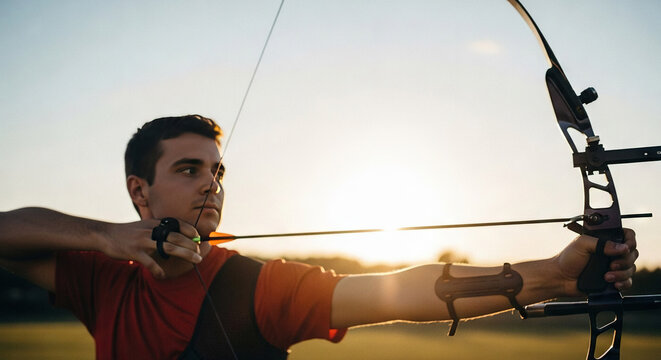 Man Practicing Archery at Sunset