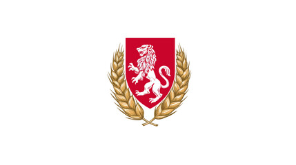 A heraldic emblem featuring a white lion rampant on a red shield, enclosed in a wheat wreath