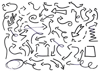 Obraz premium Crayon doodle scrapbook arrows for collage design. Hand drawn charcoal arrows, underlines and check marks on town beige paper. Scrapbook doodle element for handdrawn note and collage. Ink 