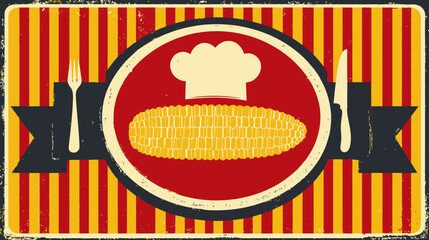 A vintage-style image of corn on the cob with chef's hat and cutlery on a striped background