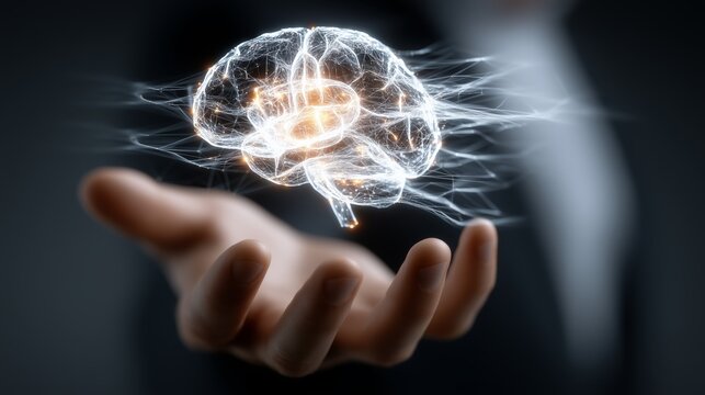 Glowing digital brain in blue composed of interconnected neural network lines and nodes hovering above outstretched hand. Symbol for machine learning, cognitive computing with neuroscience innovation.