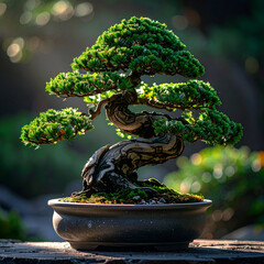 Serene Bonsai: A meticulously sculpted bonsai tree, a miniature masterpiece of nature, sits gracefully, showcasing its intricate branch structure and vibrant green foliage.