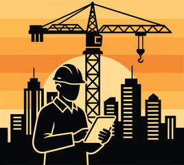 Construction engineer reviewing plans at urban skyline with crane sunset backdrop