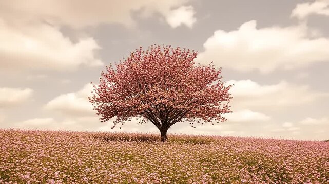 Blossoming tree in field under cloudy sky natural landscape imagery