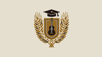 A crest featuring a guitar within a shield, capped by a mortarboard, and framed by stylized wheat