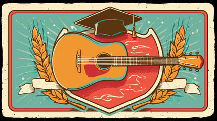 Vintage-style illustration of a guitar within a crest, topped with a cap, adorned with wheat and ribbon