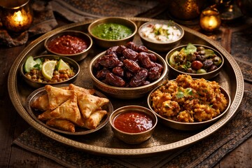 Obraz premium Traditional Ramadan Iftar Platter with Dates, Samosa and Dips Top View on Rustic Table