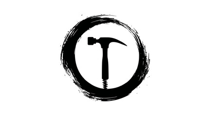 A black silhouette of a hammer within a black rough circle on a white background