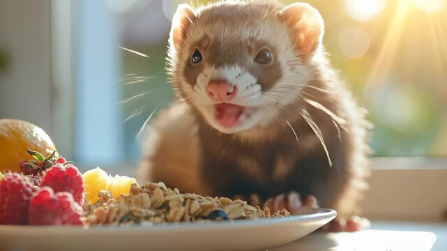 Ferret Eating Food on a Plate in the Sunlight.