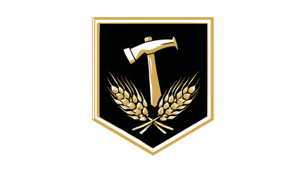 A crest featuring a hammer and wheat stalks on a black shield, with gold trim and white background