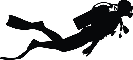 Black Scuba Diver Silhouette Featuring Detailed Deep Sea Diving Gear Oxygen Tank and Flippers Isolated on White Background for Underwater Adventure Graphic Design and Vector Projects © Amol Chandra