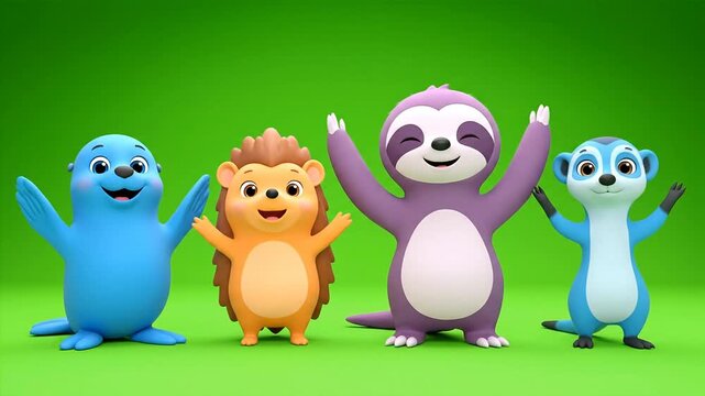 Cartoon animals on green background for educational or childrens content