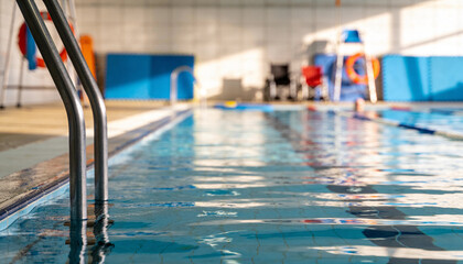A blurred background of a swimming pool.