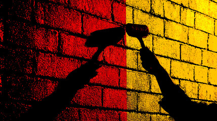 A wall painted with a roller in red and yellow, silhouette of hands painting a brick wall