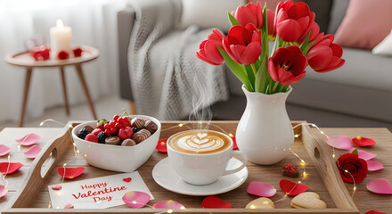 Breakfast tray with coffee and flowers