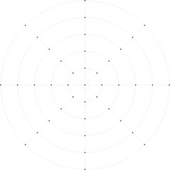 Obraz premium Black dot radial grid texture with crosses on white background. FUI science round grid backdrop. Math or technological notebook blank circular sheet.
