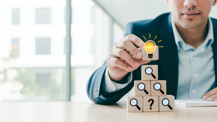 Business strategy with wooden block icons