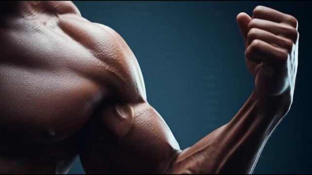 Muscular male arm and torso flexing, highlighting powerful definition, embodying dedication to fitness, strength training, and a vibrant, active physical form