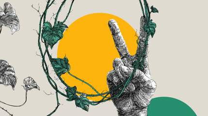 Illustration of a hand in a peace sign with vibrant leaves, vines, and an orange circle background