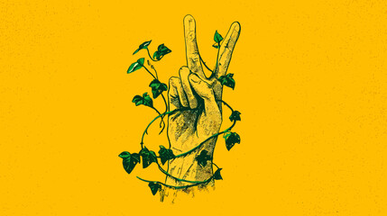 Hand in a peace sign pose encircled with vines and leaves on a speckled golden backdrop