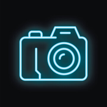 Blue neon camera icon glowing on a dark background, perfect for any photography related design