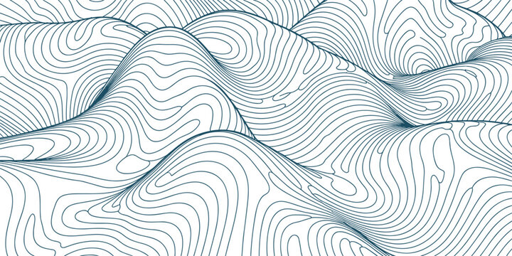 Dynamic seamless vector pattern featuring flowing dark teal contour lines, creating an abstract topographical map visualization of undulating hills on a clean white background.