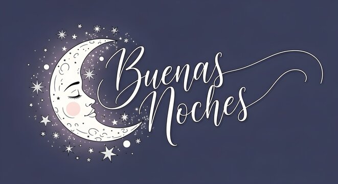Enchanting 'Buenas Noches' greeting with a whimsical crescent moon, sleeping face, and twinkling stars on a deep blue background.