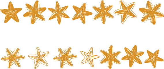 Obraz premium Charming collection of rustic, golden yellow hand-drawn stars with sketchy texture, providing a festive doodle element for winter holidays or quality awards isolated on white.