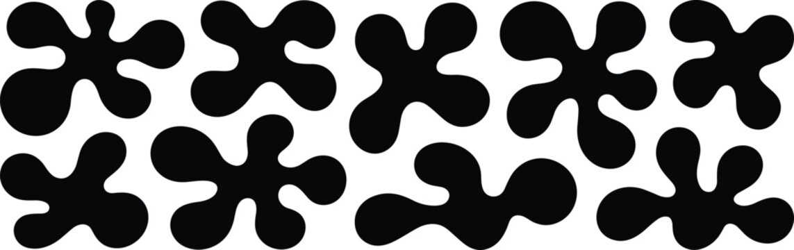 Trendy black and white vector pattern featuring scattered irregular organic blobs and flowing amoeba shapes, creating a groovy, minimalist retro background design.