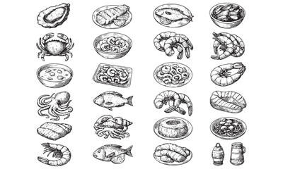 Vintage Seafood Collection: Hand-Drawn Monochrome Illustrations of Crabs, Shrimp, Fish, Shellfish