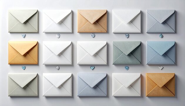 Grid of twelve envelope icons with distinct symbols and labels, representing email marketing concepts like campaigns, automation, engagement, analytics, and subscribers.