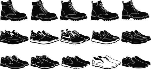 Footwear collection set, boots sneakers loafers shoes, casual formal work styles, fashion apparel icons, monochrome vector illustration isolated