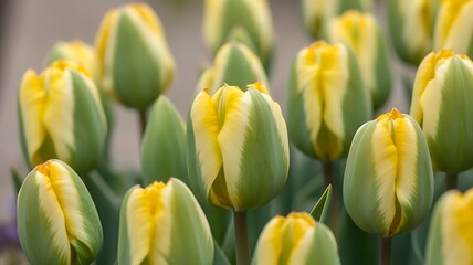 Fototapeta premium Fresh Yellow & Green Variegated Tulips Blooming in a Spring Garden