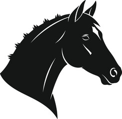 Horse head silhouette illustration, elegant black stallion portrait, animal logo design, equestrian symbol, isolated white background vector artwork