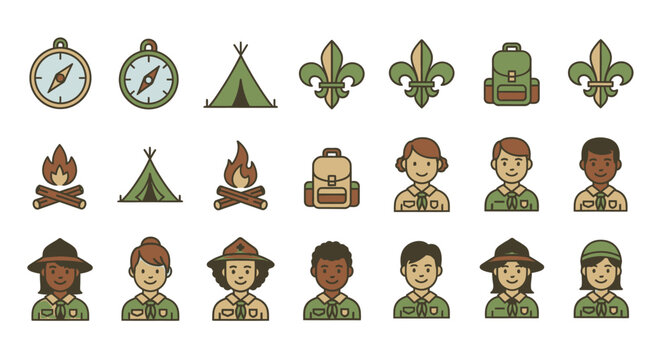 Diverse Group of Scout Characters and Emblem Icons Set on Isolated White Background