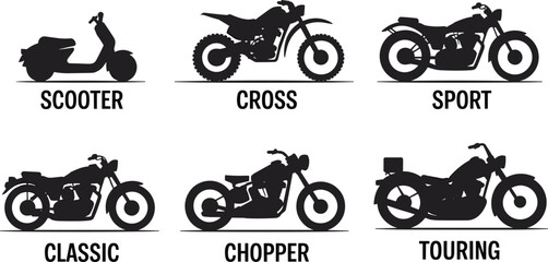Motorcycle silhouettes set, scooter, cross, sport, classic, chopper, touring bikes, black vector illustration, transportation icons, isolated white background design collection © Rekha
