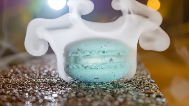 Delicious blue macaron dessert with smoke effect on a shiny surface.