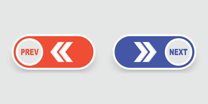 Next and previous buttons. Web buttons with arrows prev and next. Left, right, previous, next icons. Website or app ui pages changer. Stock vector illustration isolated on white background