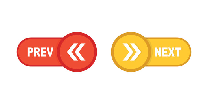 Next and previous buttons. Web buttons with arrows prev and next. Left, right, previous, next icons. Website or app ui pages changer. Stock vector illustration isolated on white background