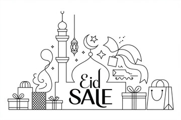 Fototapeta premium Minimalist Eid Sale banner with mosque outline, gift boxes, shopping bags and abstract line art