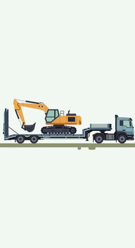 Heavy Excavator Transported On Flatbed Truck For Construction Projects