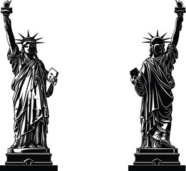 Statue of Liberty silhouette illustration front and back view, black vector artwork, American freedom symbol isolated white background design graphic © Rekha