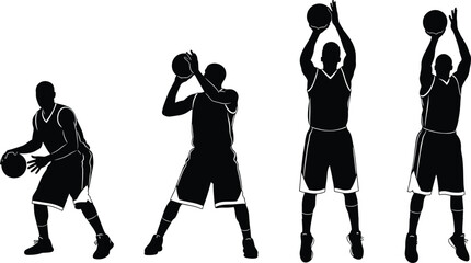 Black silhouette set of professional basketball player dribbling and shooting jump shot isolated on white background for team sports and fitness illustration. © All in one