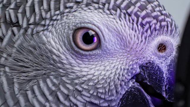 Close-up of a curious grey parrot looking at a lens.