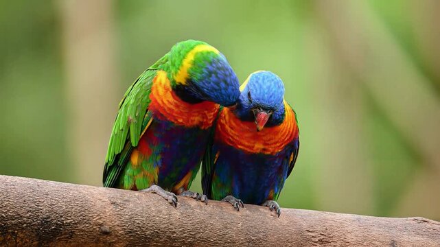 Two vibrant rainbow lorikeets perched on a branch displaying wild life affection in a lush green environment from a close-up viewpoint